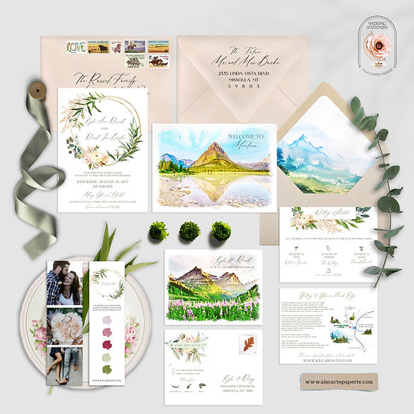 Glacier National Park Montana Watercolor Destination Wedding Invitation Set