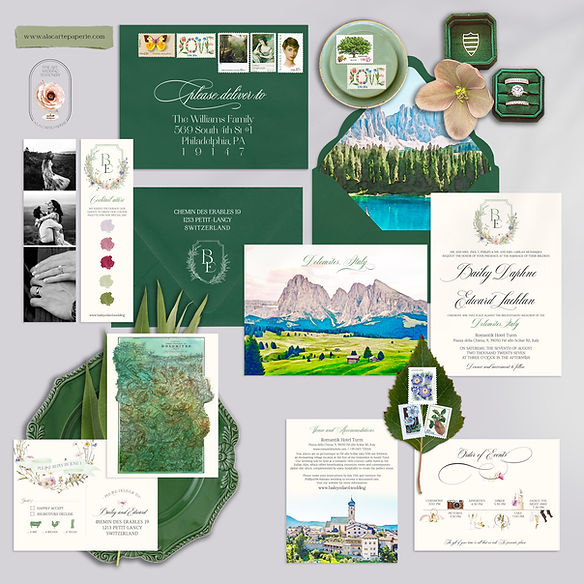 Dolomites Italy S-Tyrol Watercolor Illustrated Destination Wedding Invitations