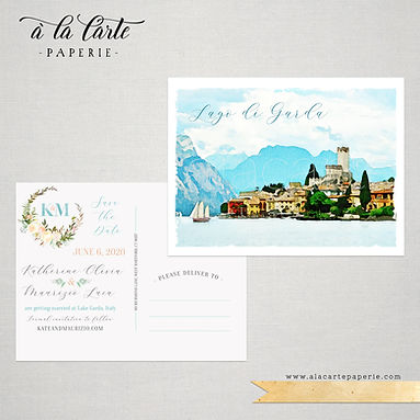 Lake Garda Italy illustrated wedding Save the Date postcard with watercolors