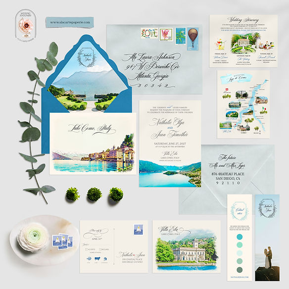 Lake Como Villa Erba Italy Watercolor Illustrated Destination Wedding Invitation