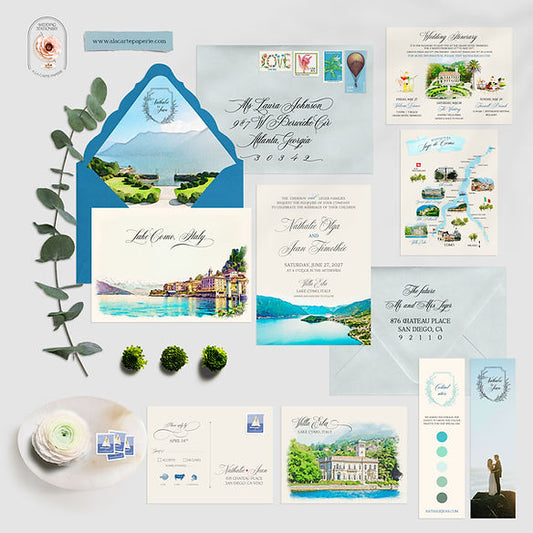 Lake Como Villa Erba Italy Watercolor Illustrated Destination Wedding Invitation