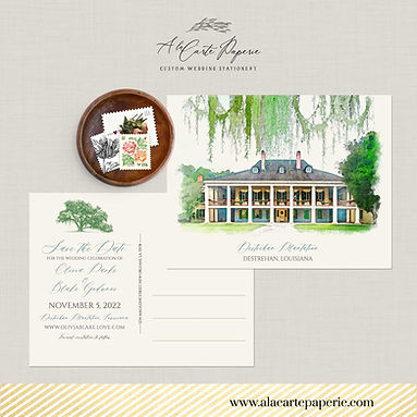 Destrehan Plantation LA Destination wedding Save the Date postcard watercolors