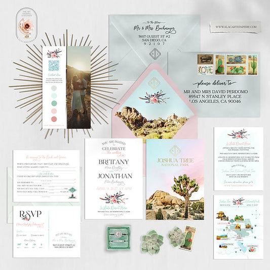 Joshua Tree CA Bohemian Watercolor Illustrated Destination Wedding Invitations