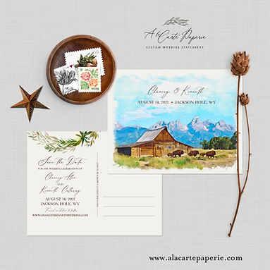 Jackson Hole Wyoming Watercolor Illustrated Rustic Destination Save the Dates