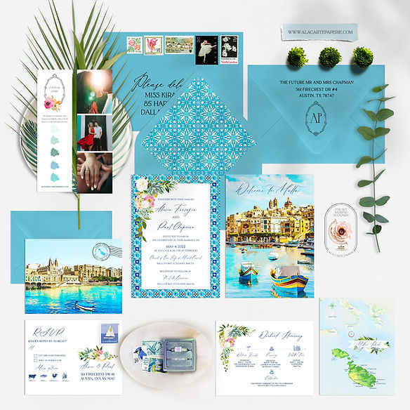 Malta Mediterranean Valletta Watercolor Illustrated Destination Wedding Invitati
