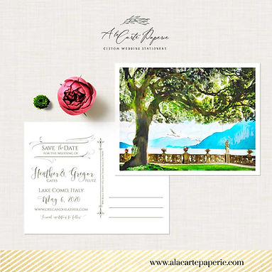 Lake Como Italy Save the Date Watercolor Illustrated postcard Villa Balbianello