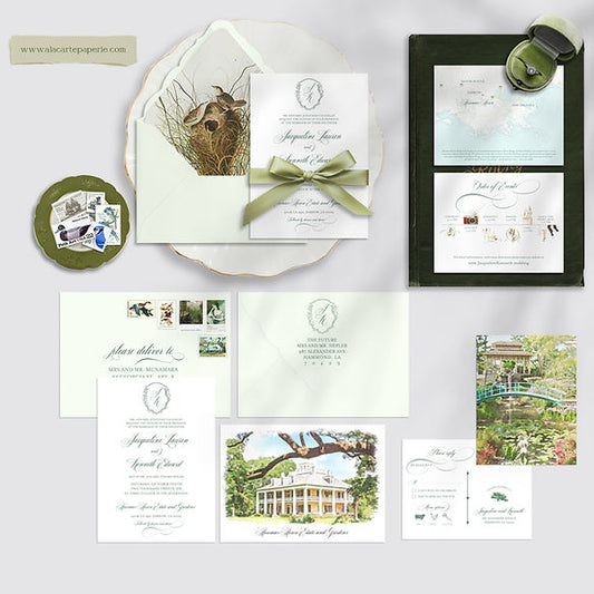 Houmas House Estate Louisiana Watercolor Illustrated Wedding Invitation Set