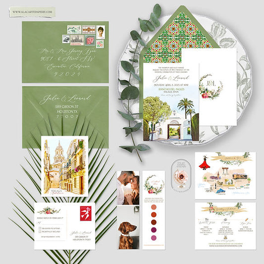 Malaga Spain Andalusia Watercolor Illustrated Destination Wedding Invitation Set