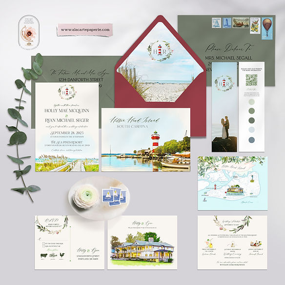 Hilton Head Isl SC South Carolina US Watercolor Illustrated Wedding Invitations