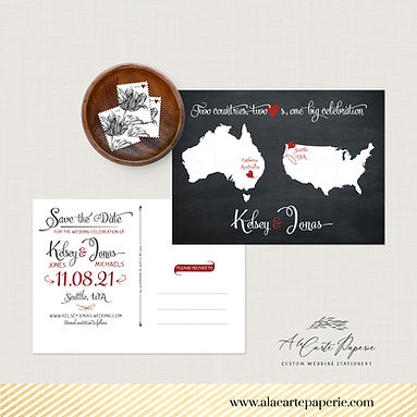 Destination wedding Save the date postcard black chalkboard Two Countries