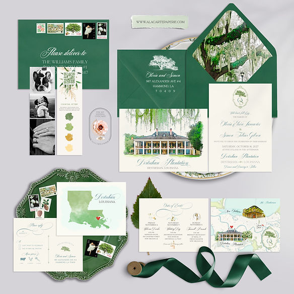 Destrehan Plantation Louisiana NOLA Wedding Invitations Watercolor Oak Tree Moss