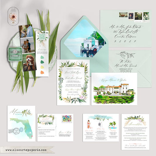 Florida Miami Vizcaya Museum Gardens Destination Wedding Invitation watercolors
