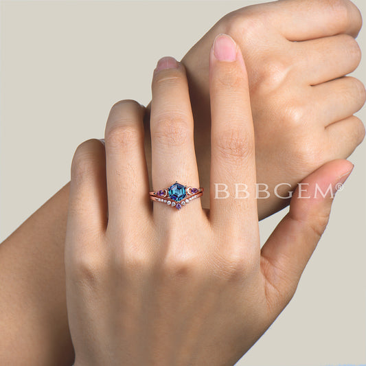 Hexagon Cut Color-change Alexandrite Wedding Ring Amethyst Diamond Ring Set