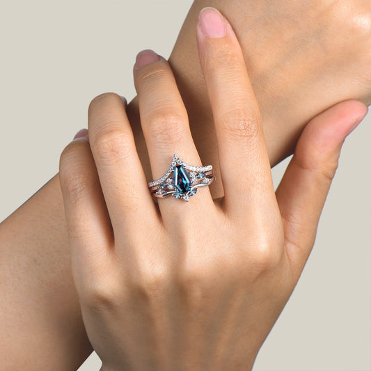 3pcs Coffin Cut Color-Change Alexandrite Diamond Bridal Ring Set