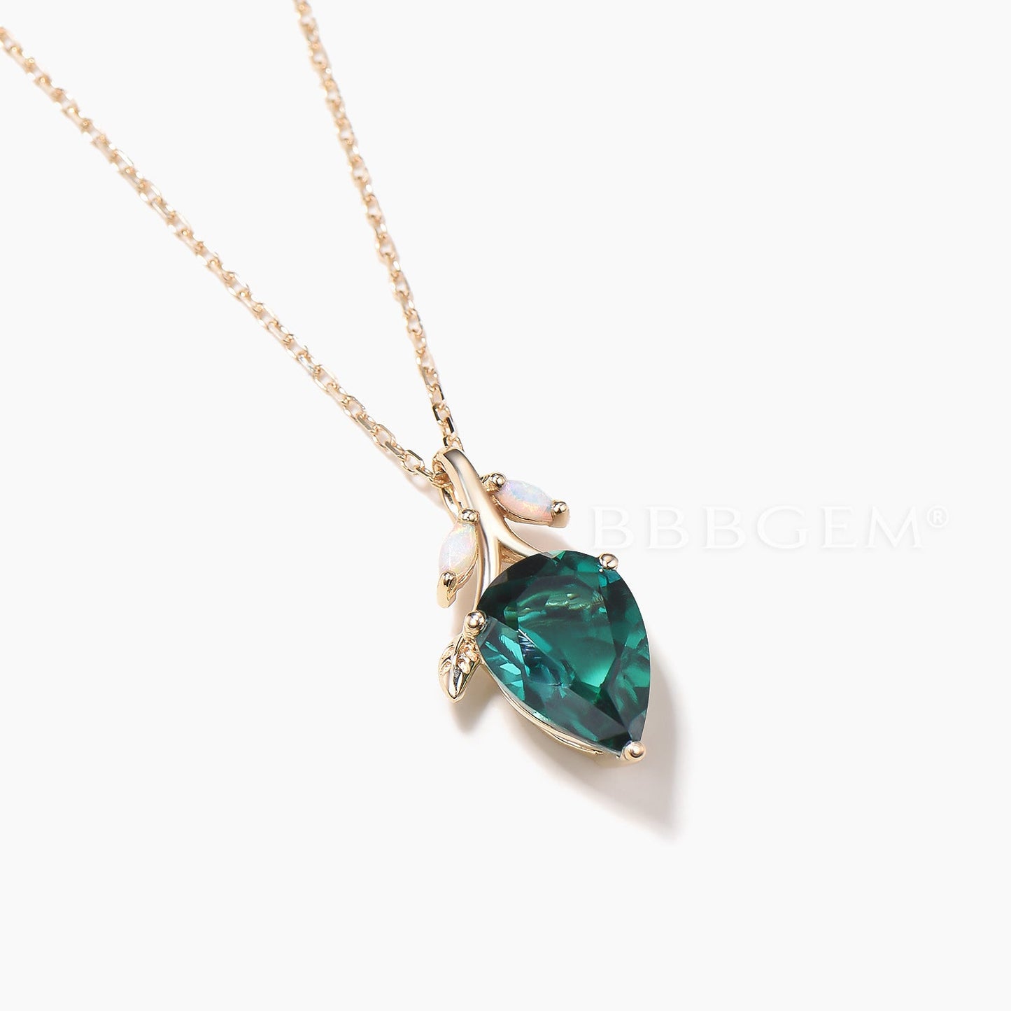1.25CT Teardrop Cut Emerald Leaf Necklace White Opal Twig Wedding Pendant