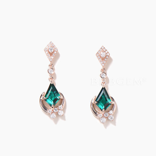 1CT Kite Cut Emerald Drop Earrings Diamond Cluster Moon Rose Gold Earrings