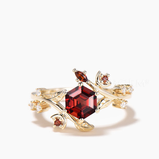 Hexagon Cut Natural Garnet Twig Leaf Wedding Ring Diamond Nature Inspired Ring