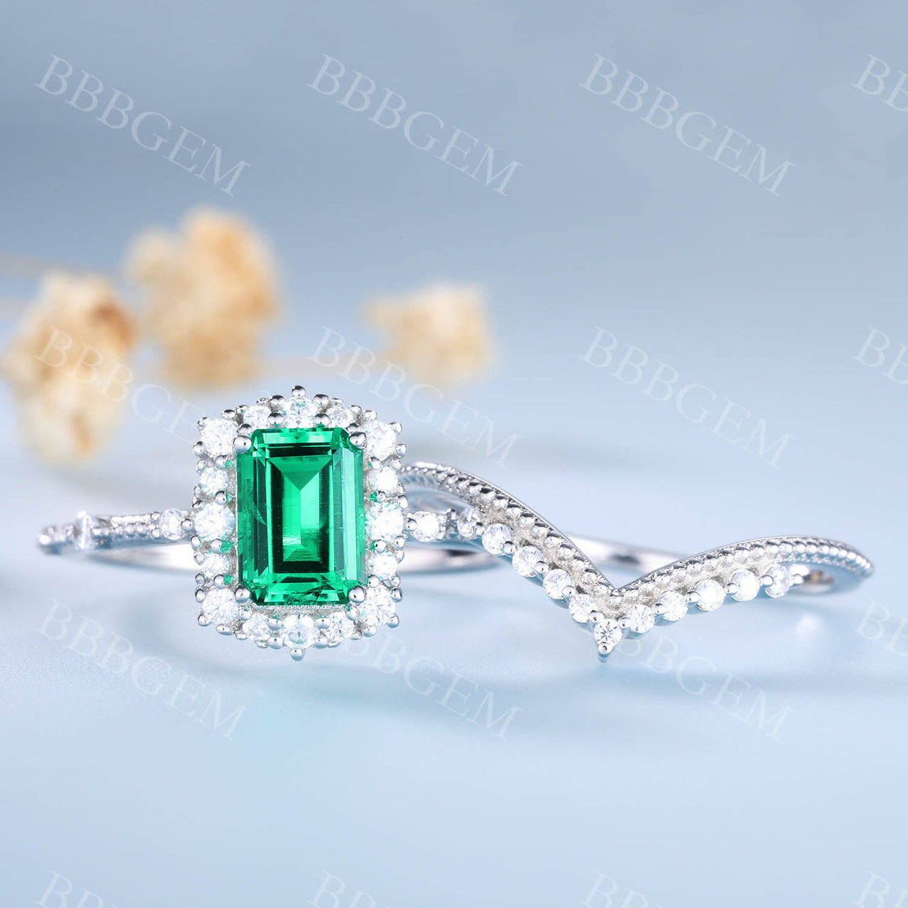 Emerald Gemstone Statement Ring Emerald Cut Wedding Ring Set