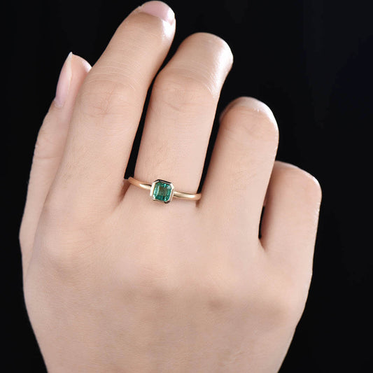 5mm Solitaire Natural Emerald Cut Emerald Engagement Ring Yellow Gold