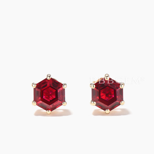 1CT Hexagon Cut Ruby Stud Earrings Yellow Gold Solitaire Wedding Earrings