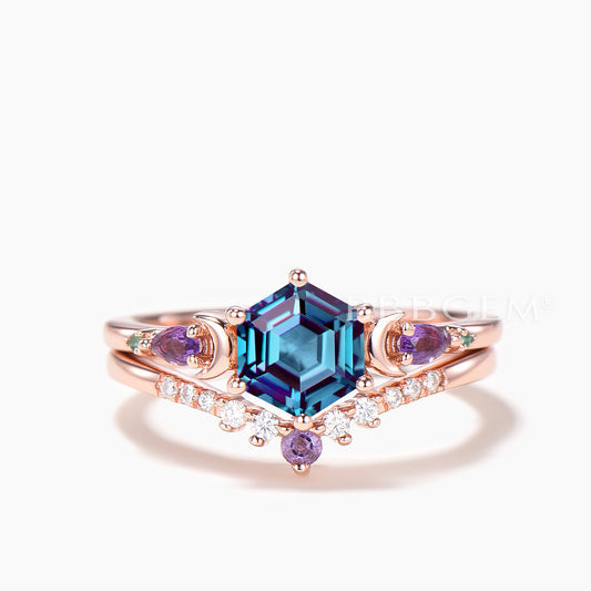 Hexagon Cut Color-change Alexandrite Wedding Ring Amethyst Diamond Ring Set