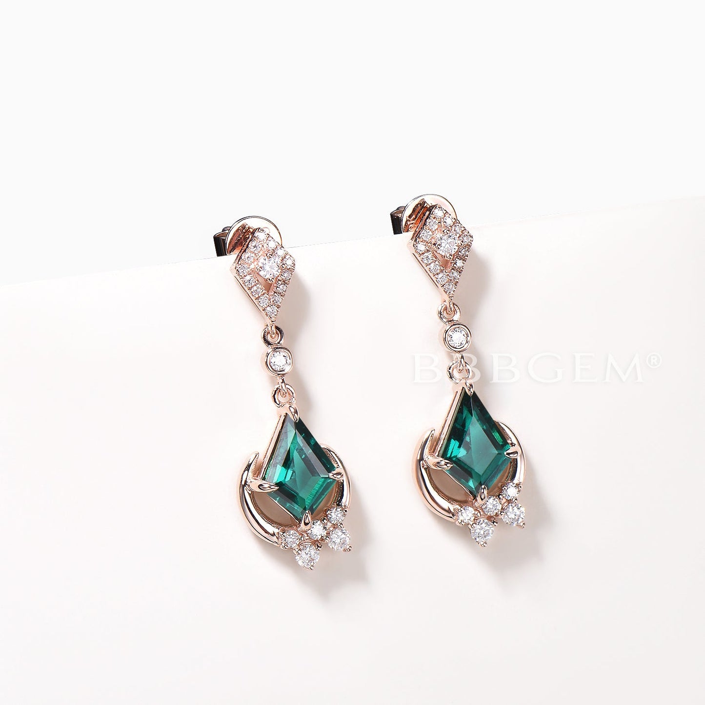 1CT Kite Cut Emerald Drop Earrings Diamond Cluster Moon Rose Gold Earrings