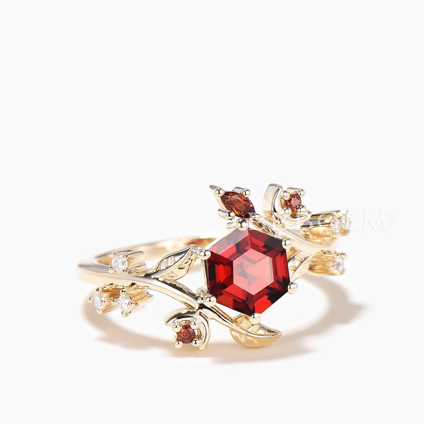 Hexagon Cut Natural Garnet Twig Leaf Wedding Ring Diamond Nature Inspired Ring