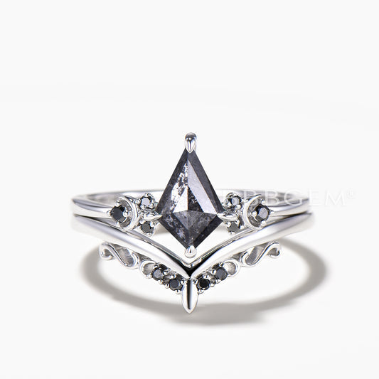 Kite Cut Salt and Pepper Diamond Moon Bridal Set Black Diamond Wedding Band