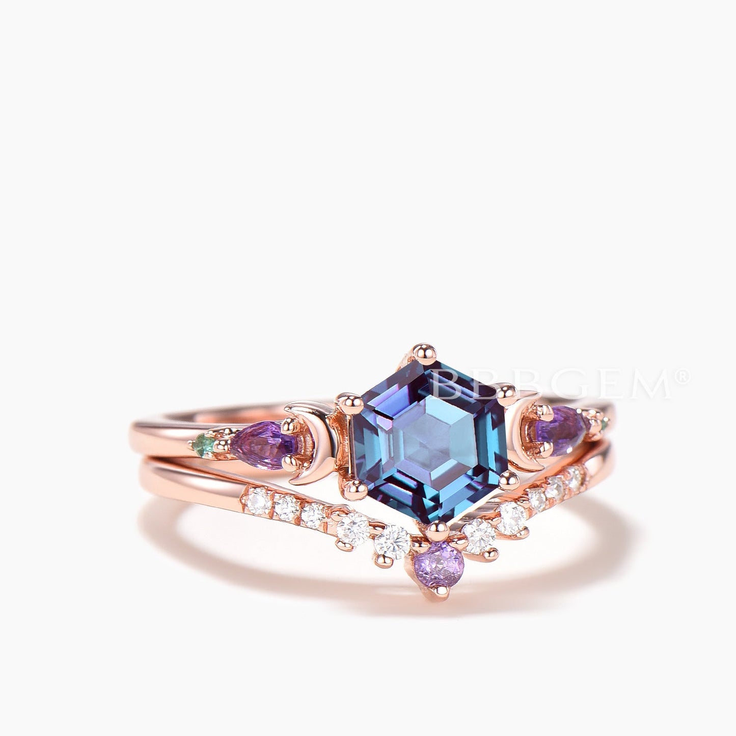 Hexagon Cut Color-change Alexandrite Wedding Ring Amethyst Diamond Ring Set