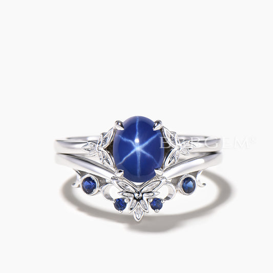 1.5CT Oval Cut Star Sapphire Solitaire Engagement Ring Leaf Wedding Bridal Set