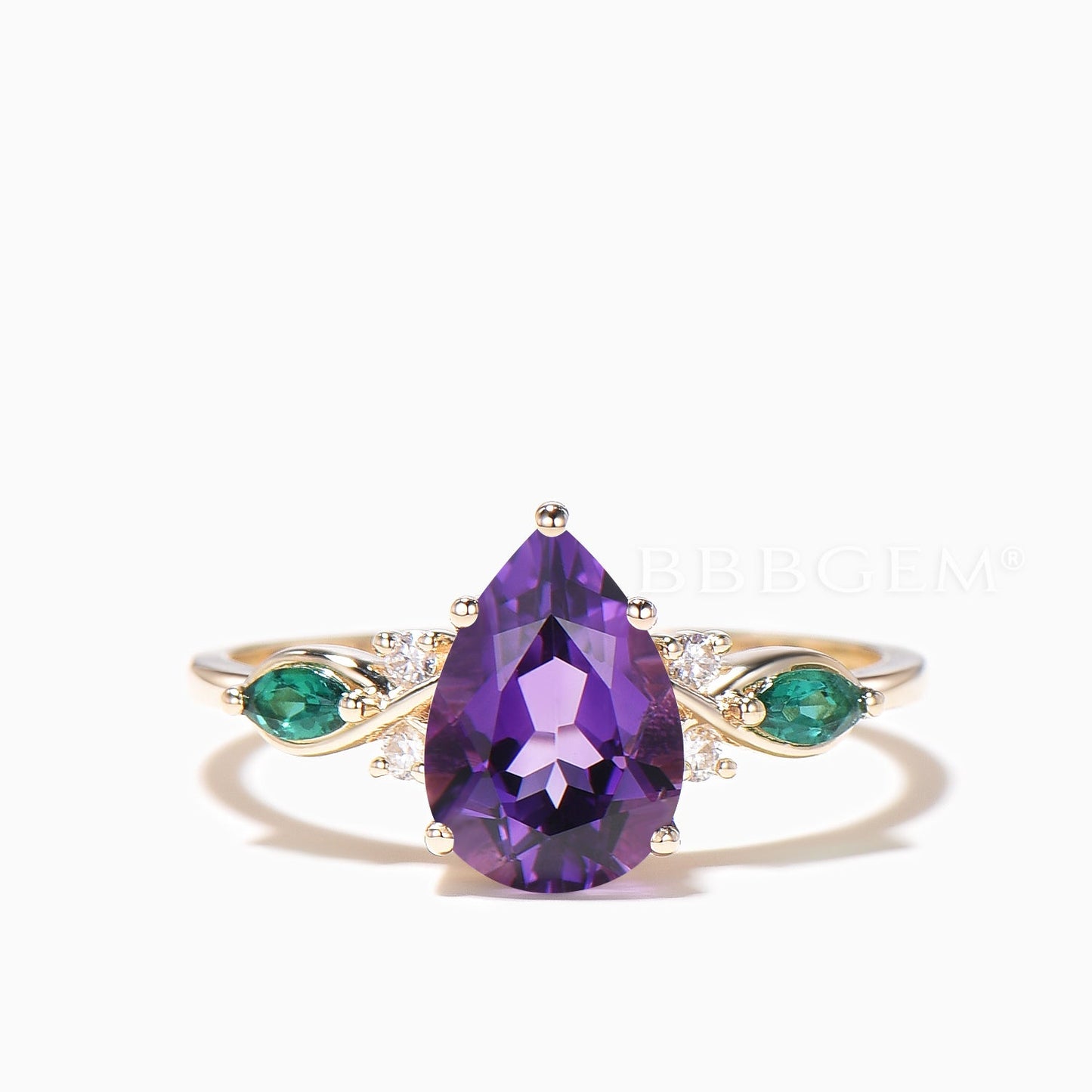 1.25CT Pear Cut Natural Amethyst Engagement Ring Emerald Diamond Bridal Set