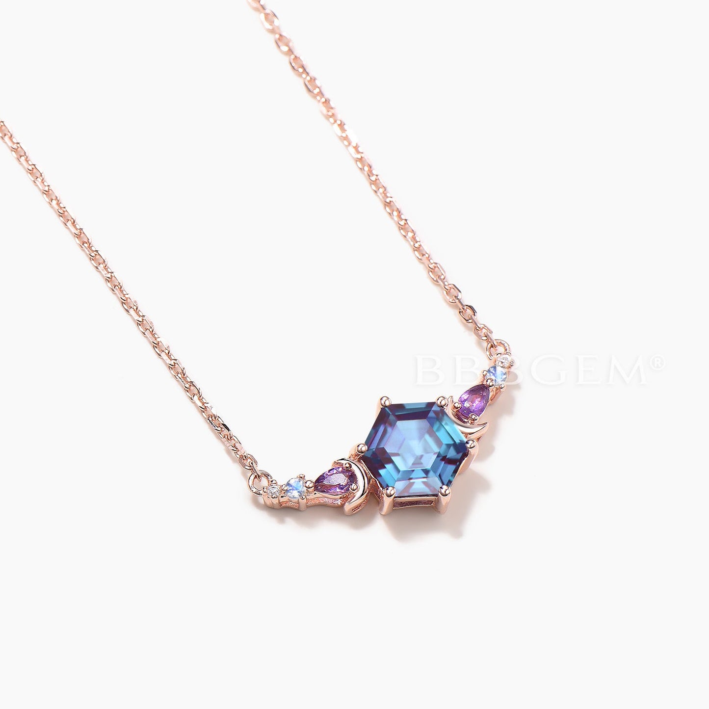 Hexagon Cut Color-change Alexandrite Necklace Amethyst Moonstone Moon Pendant