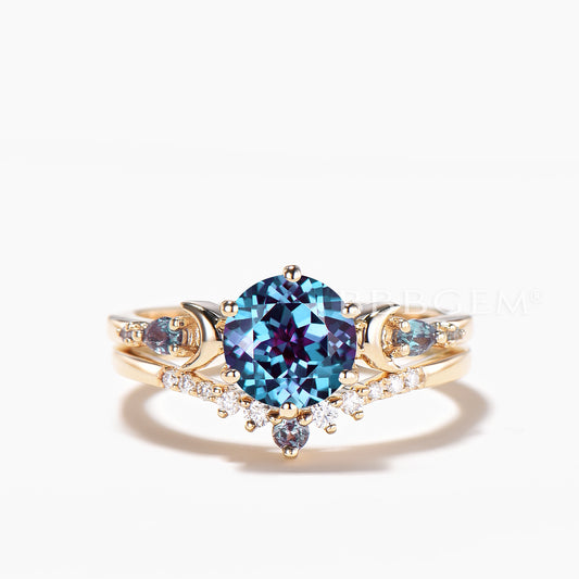 1.2CT Round Cut Color-change Alexandrite Bridal Set Alexandrite Moon Ring