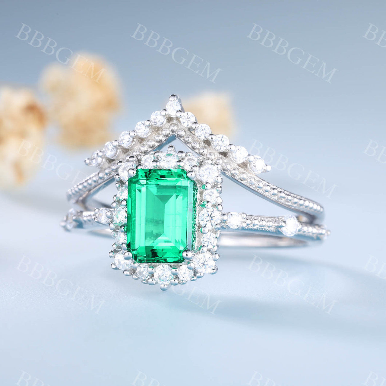 Emerald Gemstone Statement Ring Emerald Cut Wedding Ring Set