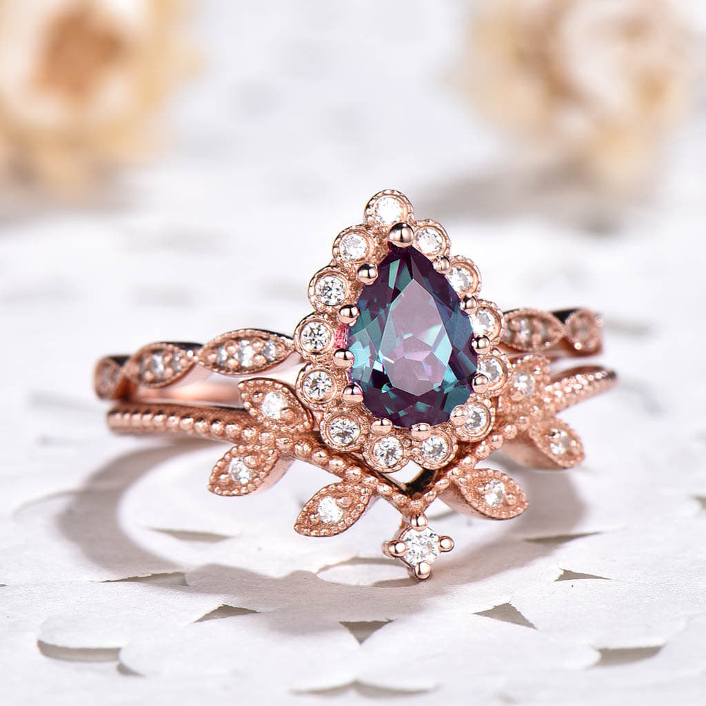 14K/18K Diamond Halo Alexandrite Diamond Engagement Rings Wedding Set