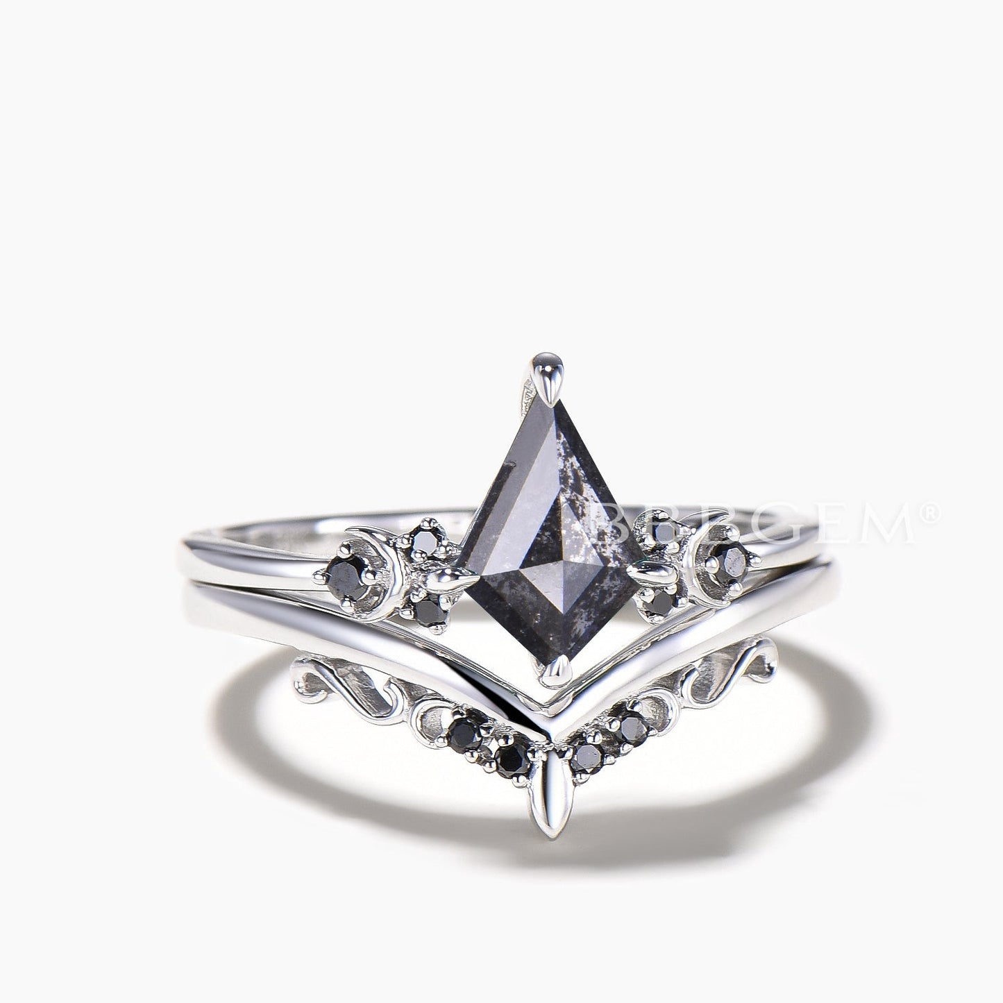 Kite Cut Salt and Pepper Diamond Moon Bridal Set Black Diamond Wedding Band