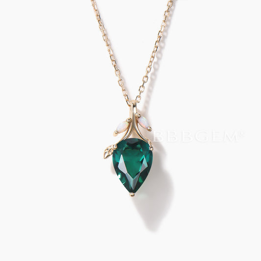 1.25CT Teardrop Cut Emerald Leaf Necklace White Opal Twig Wedding Pendant
