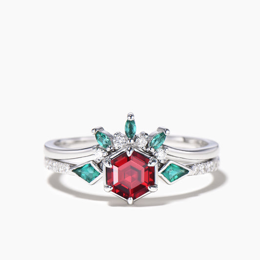 1ct Hexagon Cut Ruby Emerald Bezel Half Eternity Wedding Ring Set Platinum