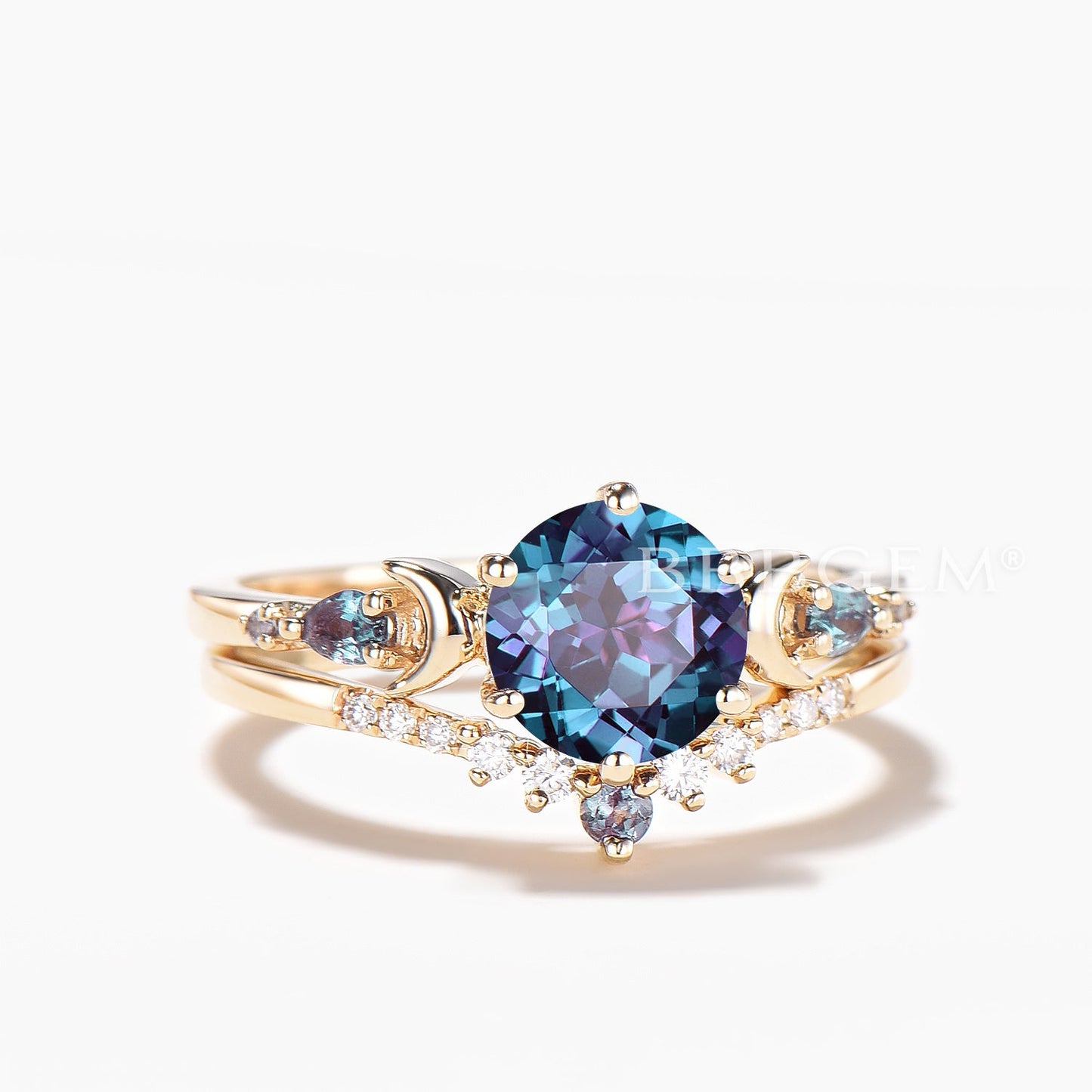 1.2CT Round Cut Color-change Alexandrite Bridal Set Alexandrite Moon Ring