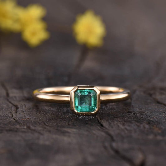 5mm Solitaire Natural Emerald Cut Emerald Engagement Ring Yellow Gold