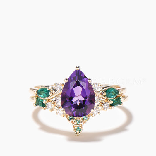 1.25CT Pear Cut Natural Amethyst Engagement Ring Emerald Diamond Bridal Set