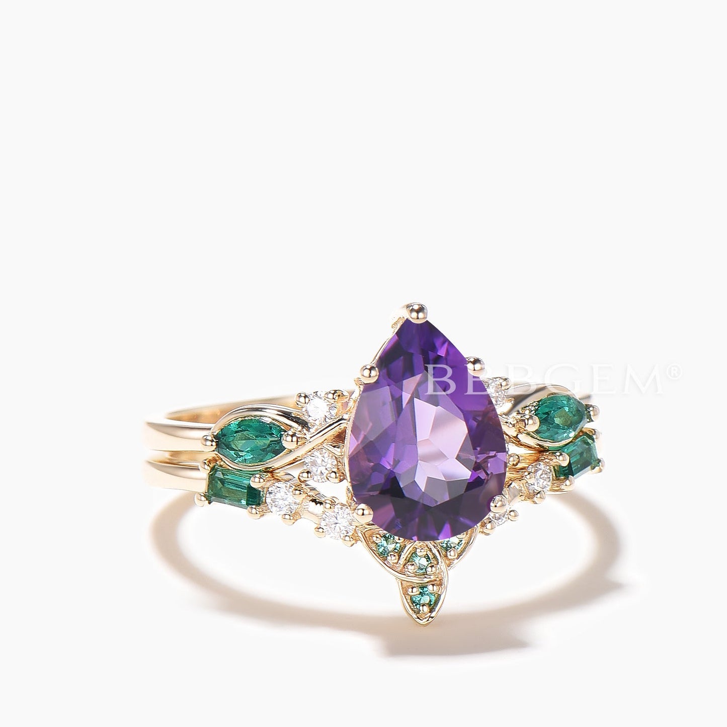 1.25CT Pear Cut Natural Amethyst Engagement Ring Emerald Diamond Bridal Set