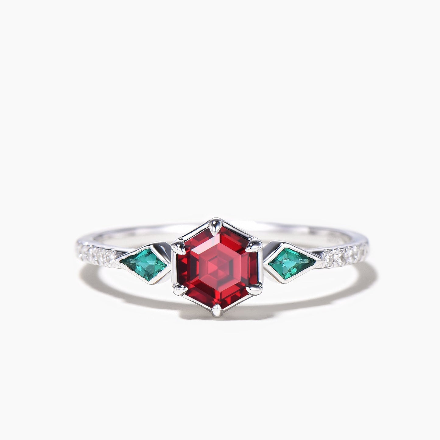 1ct Hexagon Cut Ruby Emerald Bezel Half Eternity Wedding Ring Set Platinum