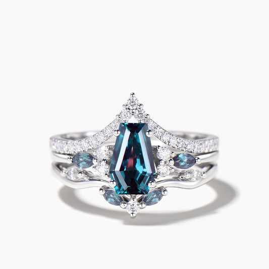 3pcs Coffin Cut Color-Change Alexandrite Diamond Bridal Ring Set