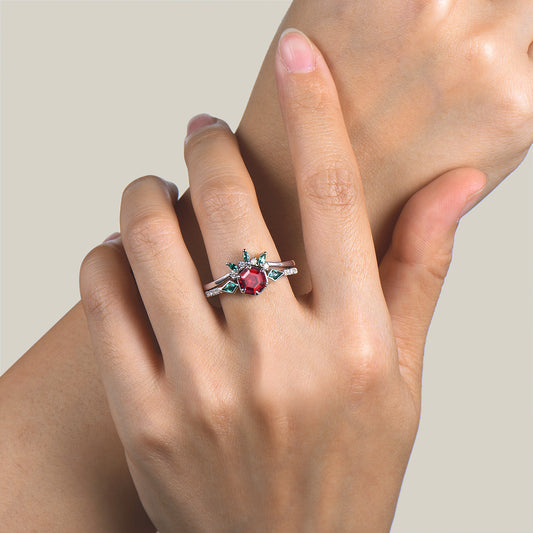 1ct Hexagon Cut Ruby Emerald Bezel Half Eternity Wedding Ring Set Platinum