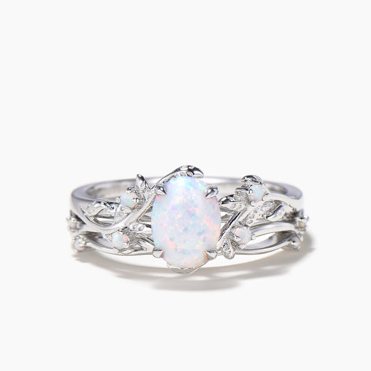 1.5ct Oval Cut White Opal Engagement Ring Leaf Nature Inspired Bridal Set