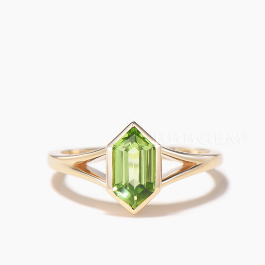 Hexagon Cut Natural Peridot Split Shank Engagement Ring Solitaire Ring