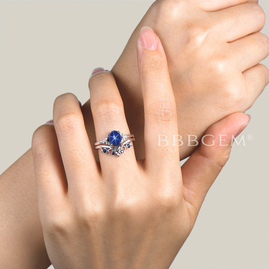 1.5CT Oval Cut Star Sapphire Solitaire Engagement Ring Leaf Wedding Bridal Set