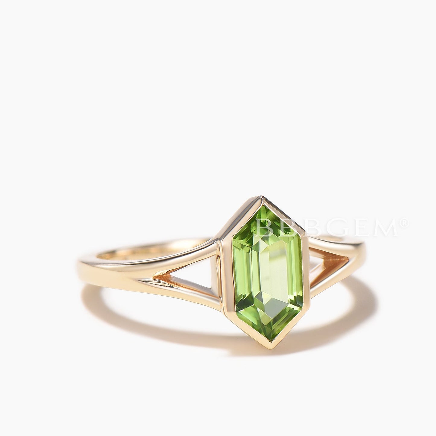 Hexagon Cut Natural Peridot Split Shank Engagement Ring Solitaire Ring