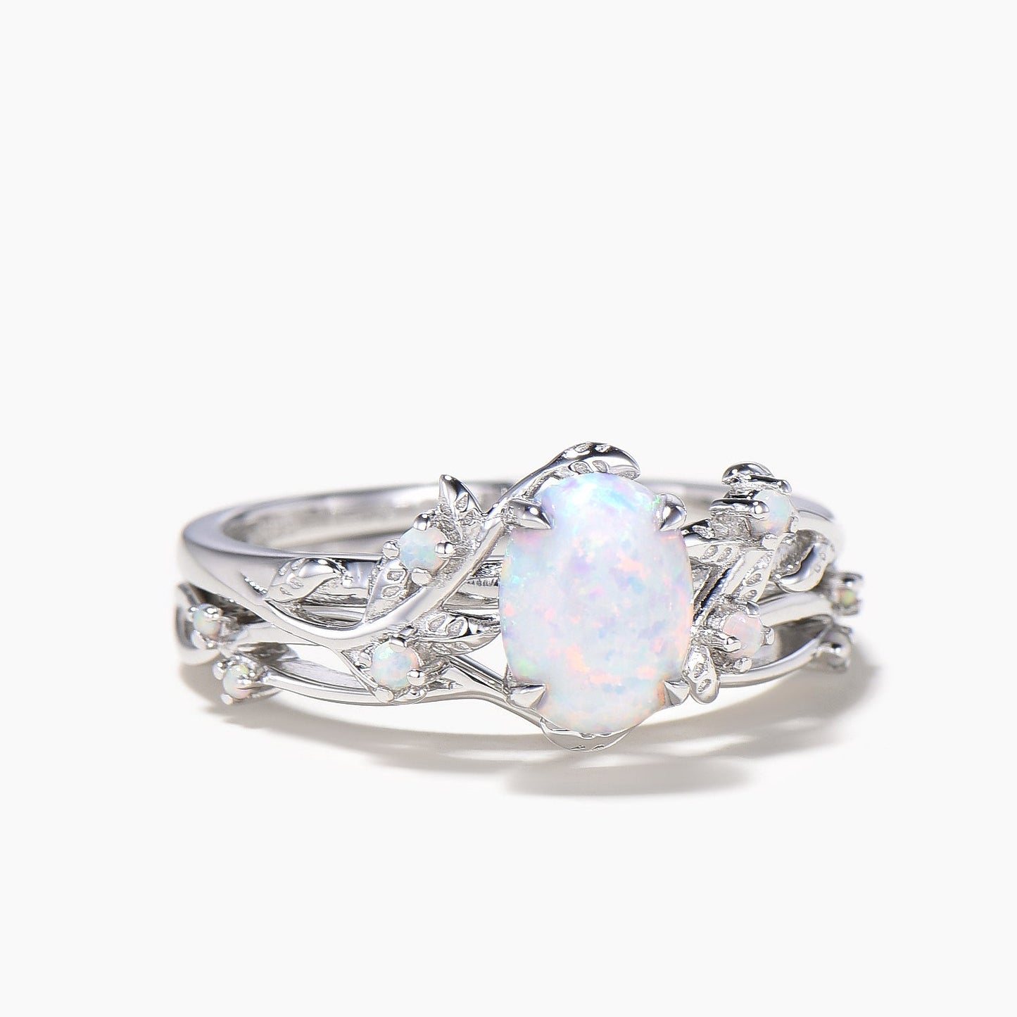 1.5ct Oval Cut White Opal Engagement Ring Leaf Nature Inspired Bridal Set